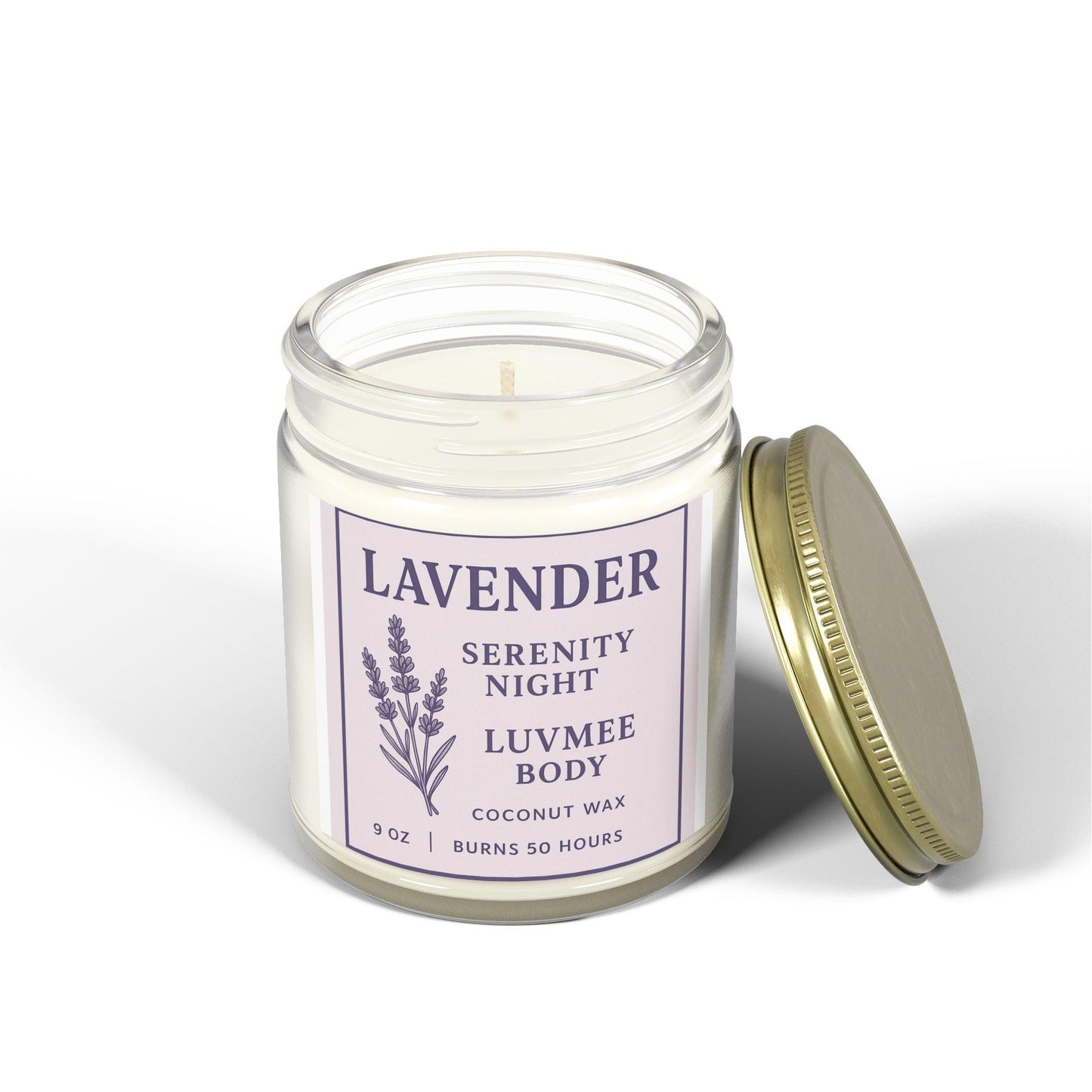 Calming lavender candle in a jar with coconut wax and a gentle lavender scent for a serene atmosphere