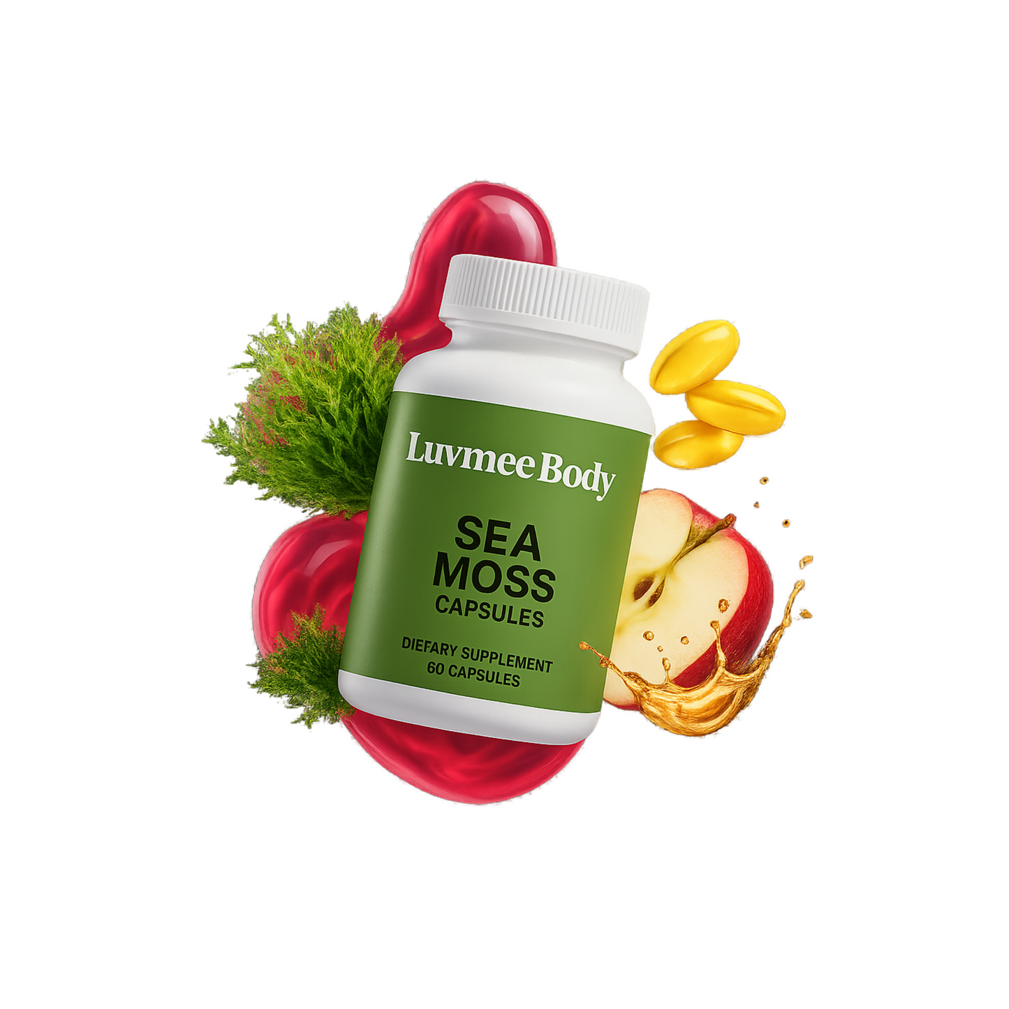 Luvmee Body Irish sea moss capsules dietary supplement bottle with sea moss and apple