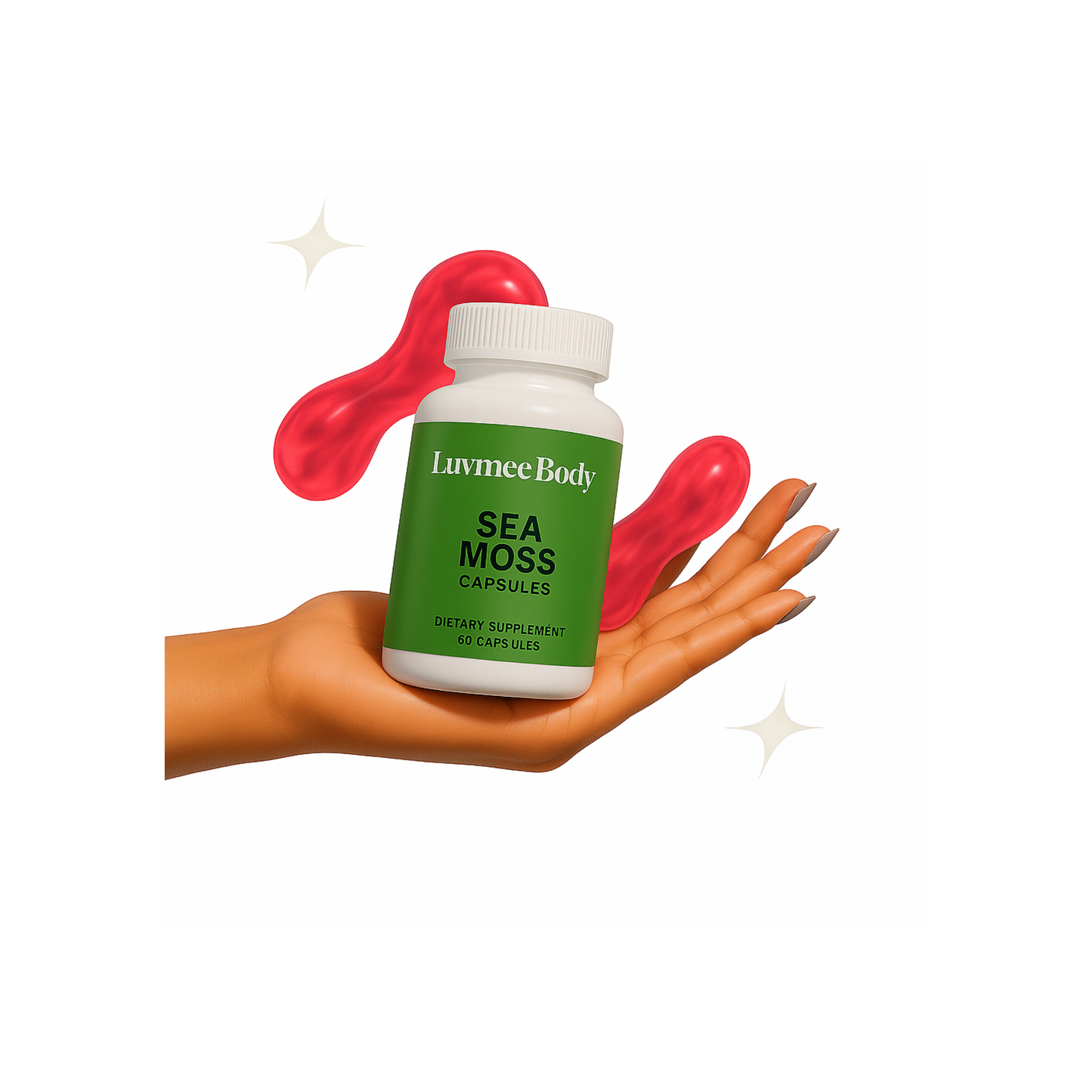 Luvmee Body Irish sea moss capsules dietary supplement bottle held on hand with red abstract shapes