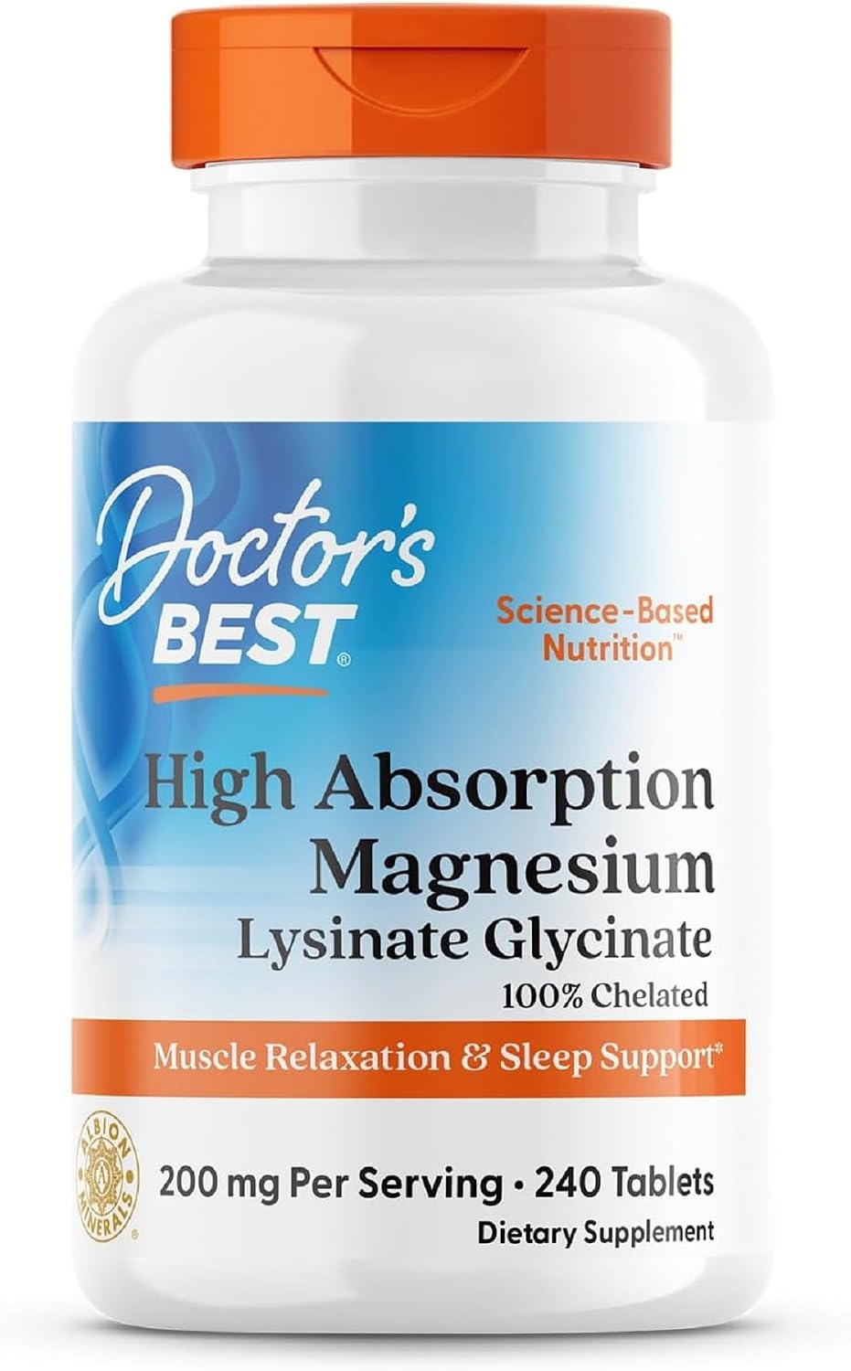 Doctor's Best High Absorption Magnesium Lysinate Glycinate, Chelated, Albion® TRAACS®, 240 Tablets (100 mg per Tablet)