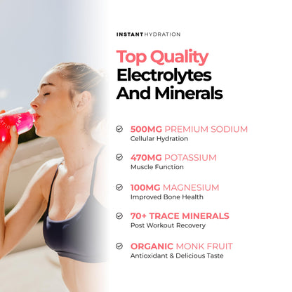 Instant Hydration Sugar Free Electrolytes Powder Packets - Strawberry Lemon Electrolyte Drink Mix & Travel Essentials - Post Workout Recovery, Brain Health, Muscle & Tissue Support - 20 Sticks