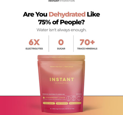 Instant Hydration Sugar Free Electrolytes Powder Packets - Strawberry Lemon Electrolyte Drink Mix & Travel Essentials - Post Workout Recovery, Brain Health, Muscle & Tissue Support - 20 Sticks