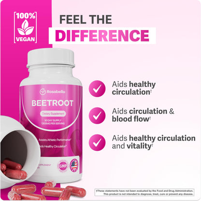Rosabella Organic Beet Root Capsules - 1300mg Beet Root Powder Aids Healthy Circulation & Vitality, Non-GMO, Beet Root Supplement - 60 Capsules, 30-Day Supply