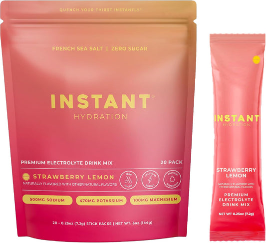 Instant Hydration Sugar Free Electrolytes Powder Packets - Strawberry Lemon Electrolyte Drink Mix & Travel Essentials - Post Workout Recovery, Brain Health, Muscle & Tissue Support - 20 Sticks