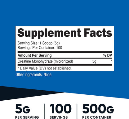 Nutricost Micronized Creatine Monohydrate Powder - 500g (100 Servings) - Pure Unflavored - 5g Per Serving - Non-GMO, Gluten Free