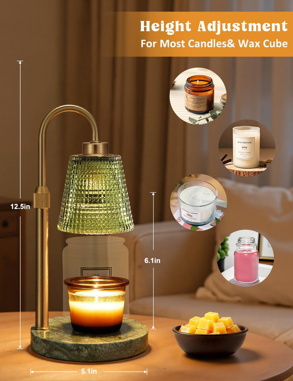 Gold Candle Warmer Lamp with Timer, Dimmable Candle Warmer for Jar Candles, Height Adjustable Wax Melts Warmer, Birthday Gifts for Women Mom, House Warming Gifts New Home Decor