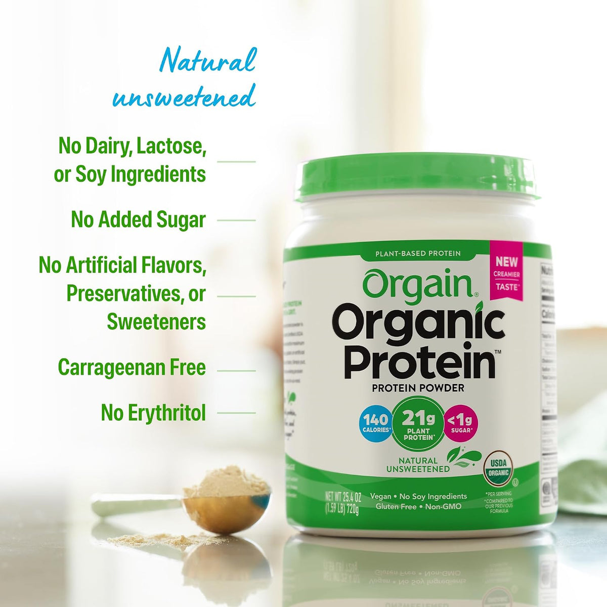 Orgain Organic Vegan 21g Protein Powder, Strawberries & Cream, 2.03 lb
