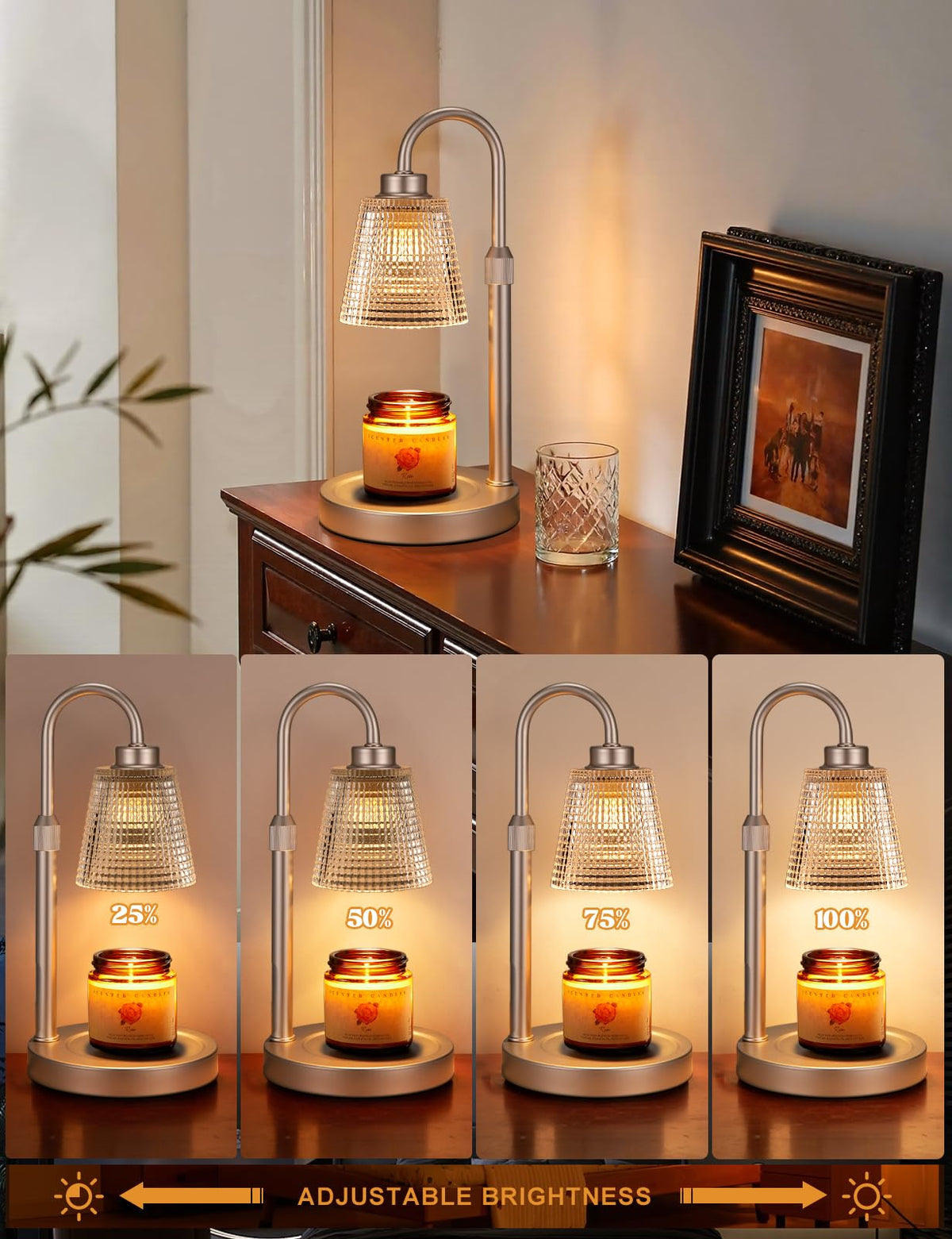 Gold Candle Warmer Lamp with Timer, Dimmable Candle Warmer for Jar Candles, Height Adjustable Wax Melts Warmer, Birthday Gifts for Women Mom, House Warming Gifts New Home Decor