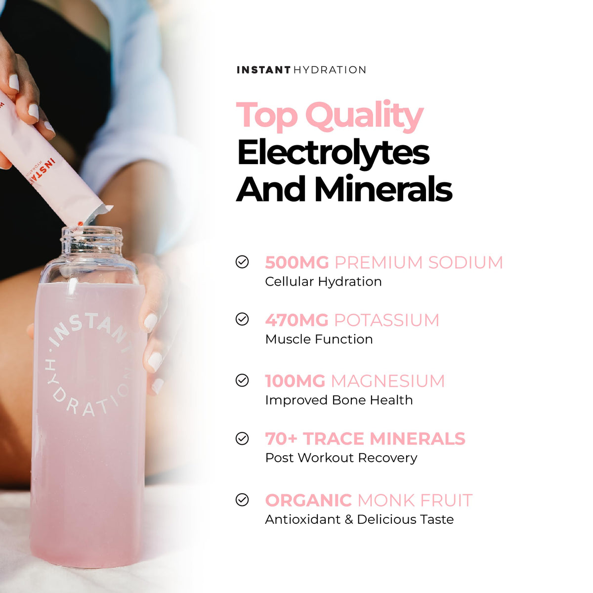 Instant Hydration Sugar Free Electrolytes Powder Packets - Strawberry Lemon Electrolyte Drink Mix & Travel Essentials - Post Workout Recovery, Brain Health, Muscle & Tissue Support - 20 Sticks