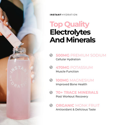Instant Hydration Sugar Free Electrolytes Powder Packets - Strawberry Lemon Electrolyte Drink Mix & Travel Essentials - Post Workout Recovery, Brain Health, Muscle & Tissue Support - 20 Sticks