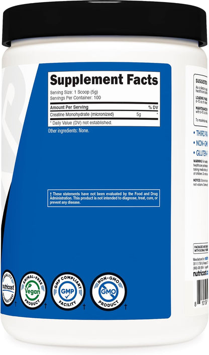 Nutricost Micronized Creatine Monohydrate Powder - 500g (100 Servings) - Pure Unflavored - 5g Per Serving - Non-GMO, Gluten Free