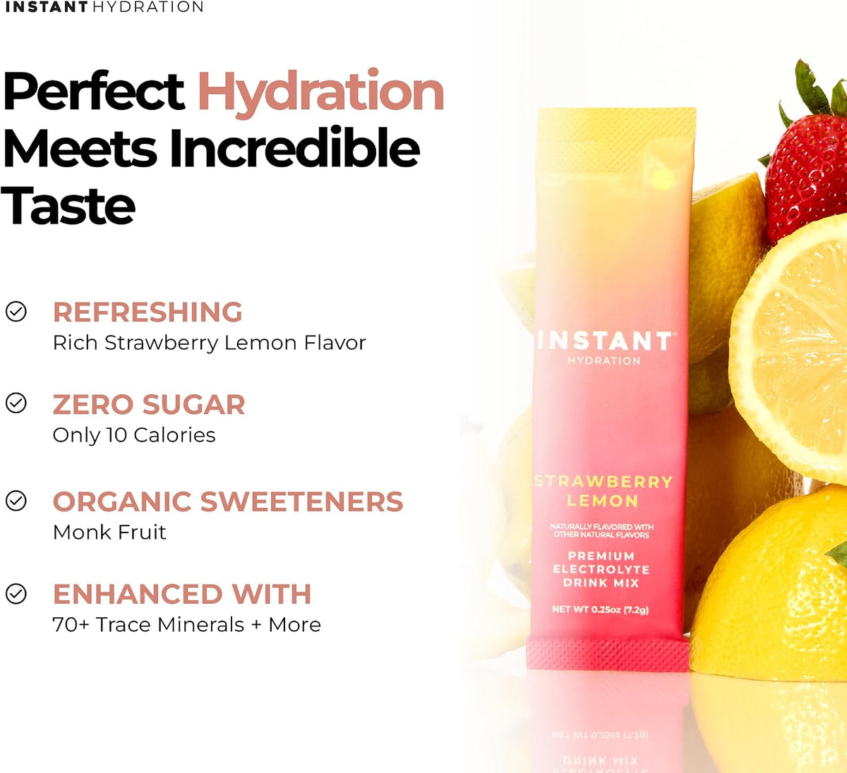Instant Hydration Sugar Free Electrolytes Powder Packets - Strawberry Lemon Electrolyte Drink Mix & Travel Essentials - Post Workout Recovery, Brain Health, Muscle & Tissue Support - 20 Sticks