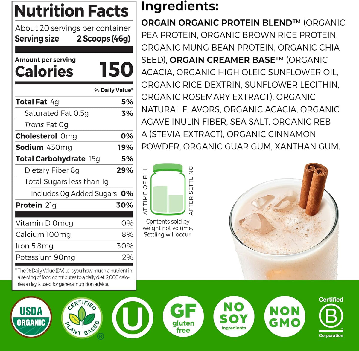 Orgain Organic Vegan 21g Protein Powder, Strawberries & Cream, 2.03 lb
