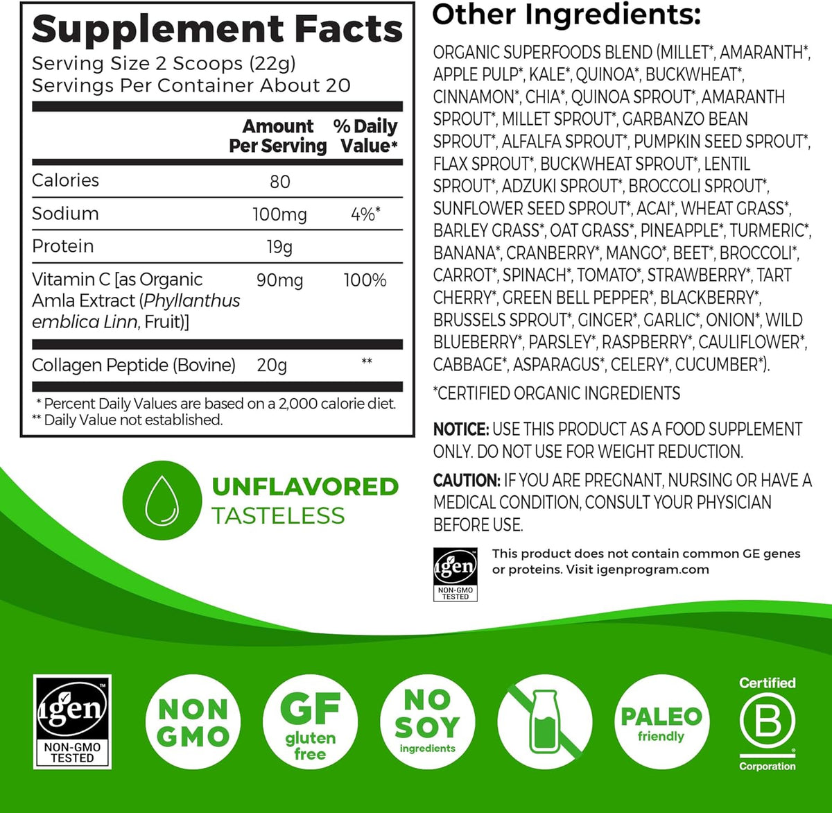 Orgain 20g Hydrolyzed Collagen Peptides + 50 Organic Superfoods Powder, 1lb