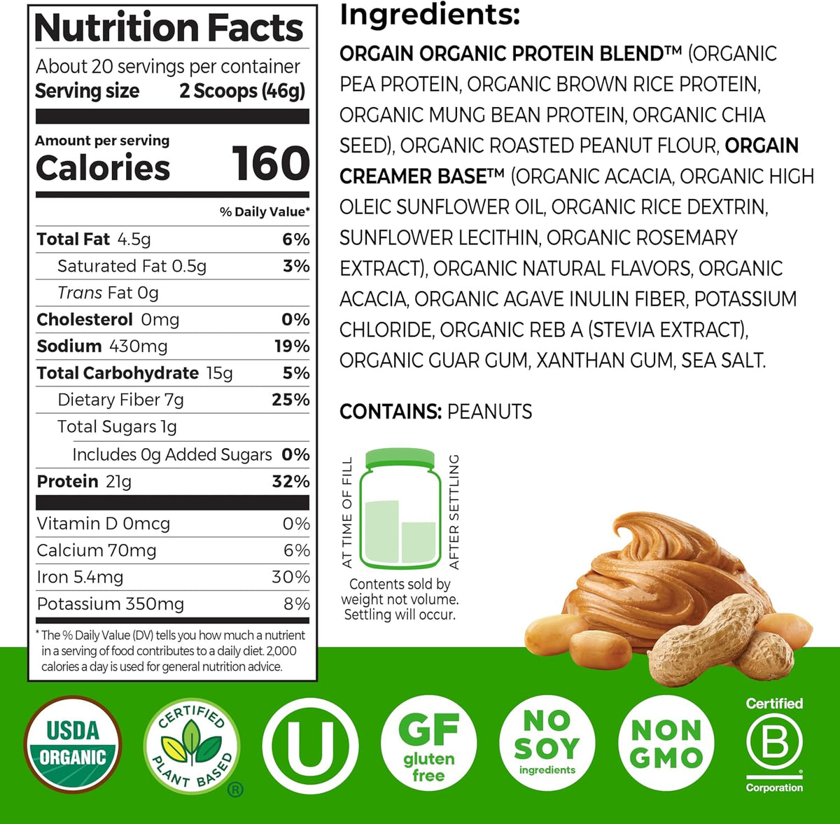 Orgain Organic Vegan 21g Protein Powder, Strawberries & Cream, 2.03 lb