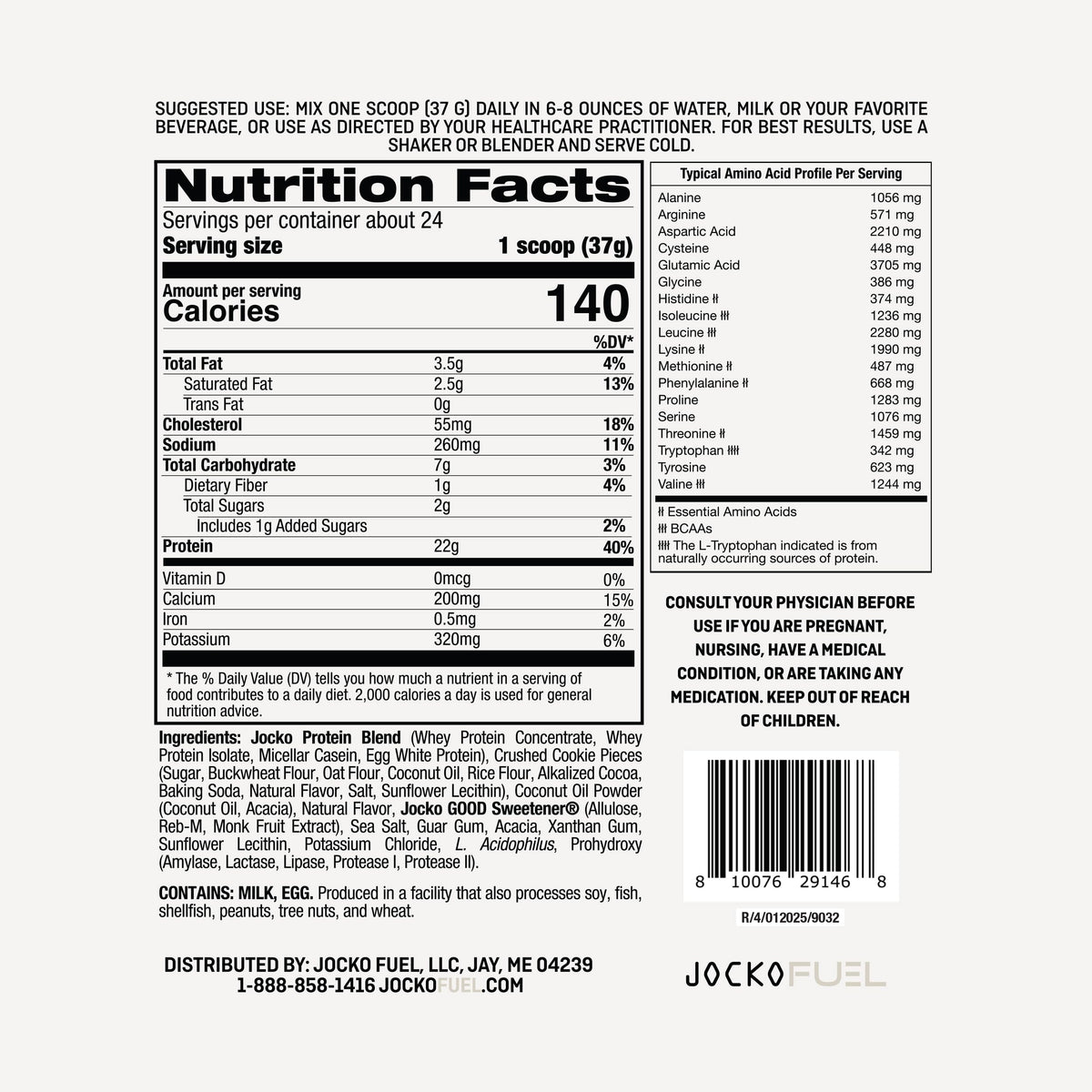 Jocko Fuel Whey Protein Powder, Gingerbread Cookie, 22g Protein, Digestive Enzymes + Probiotic Blend, No Sugar Added, with Essential Amino Acids + Electrolyte Minerals, 31 Servings