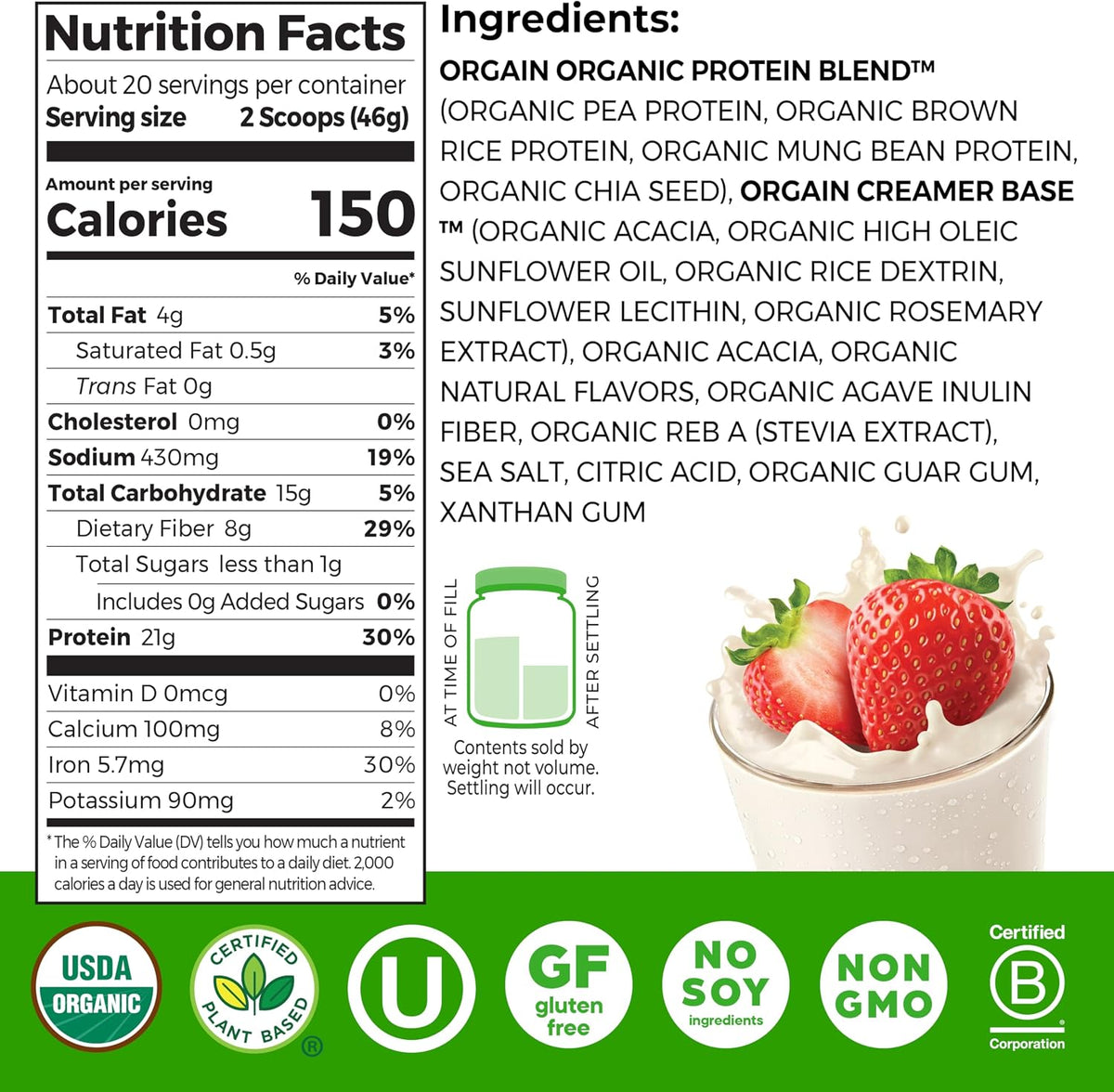 Orgain Organic Vegan 21g Protein Powder, Strawberries & Cream, 2.03 lb