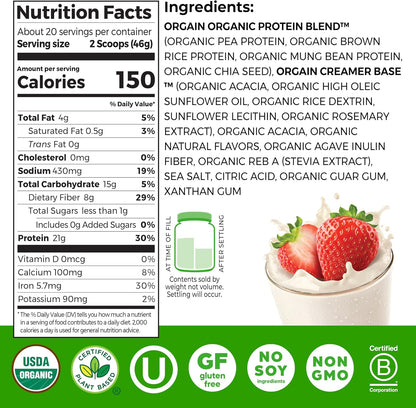 Orgain Organic Vegan 21g Protein Powder, Strawberries & Cream, 2.03 lb