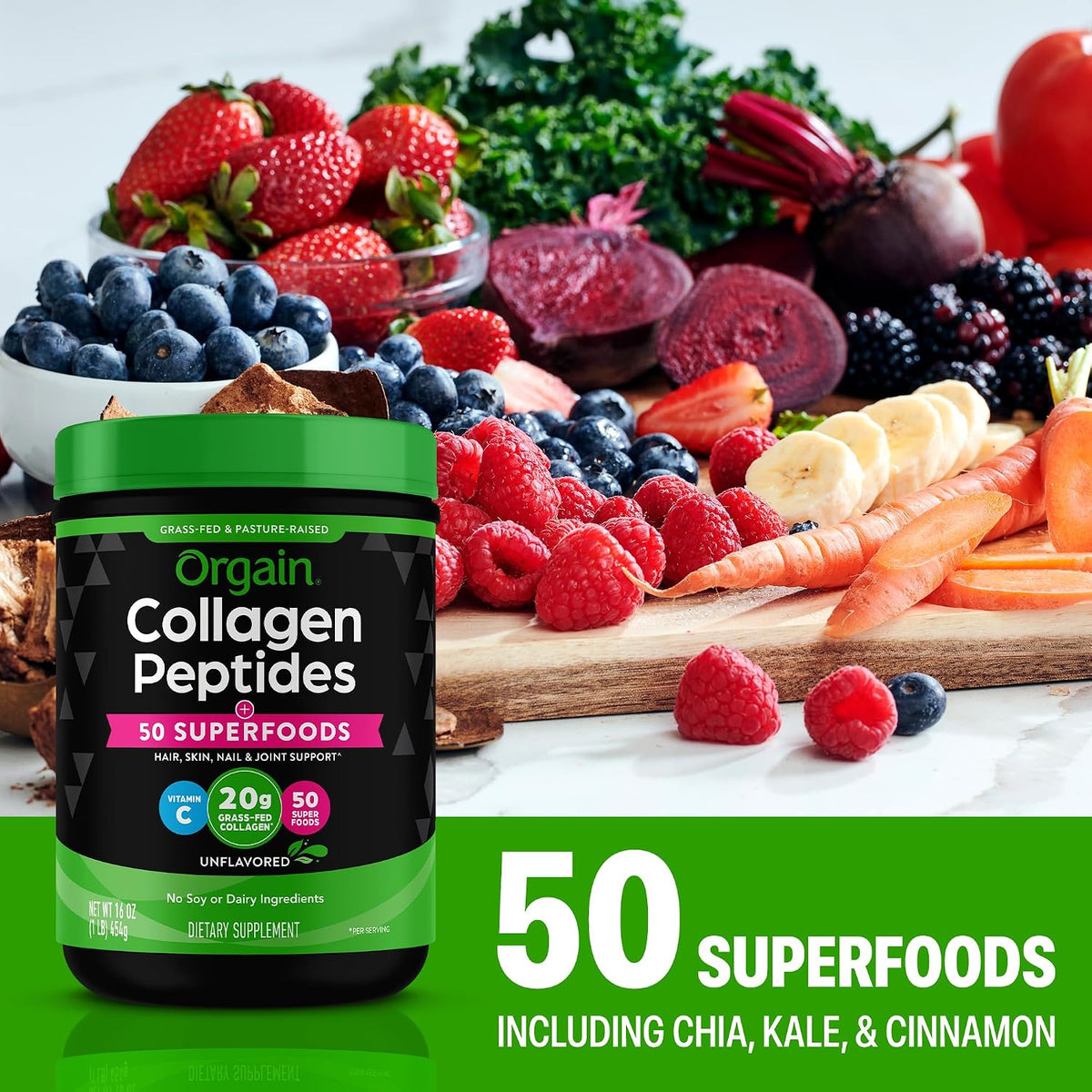 Orgain 20g Hydrolyzed Collagen Peptides + 50 Organic Superfoods Powder, 1lb