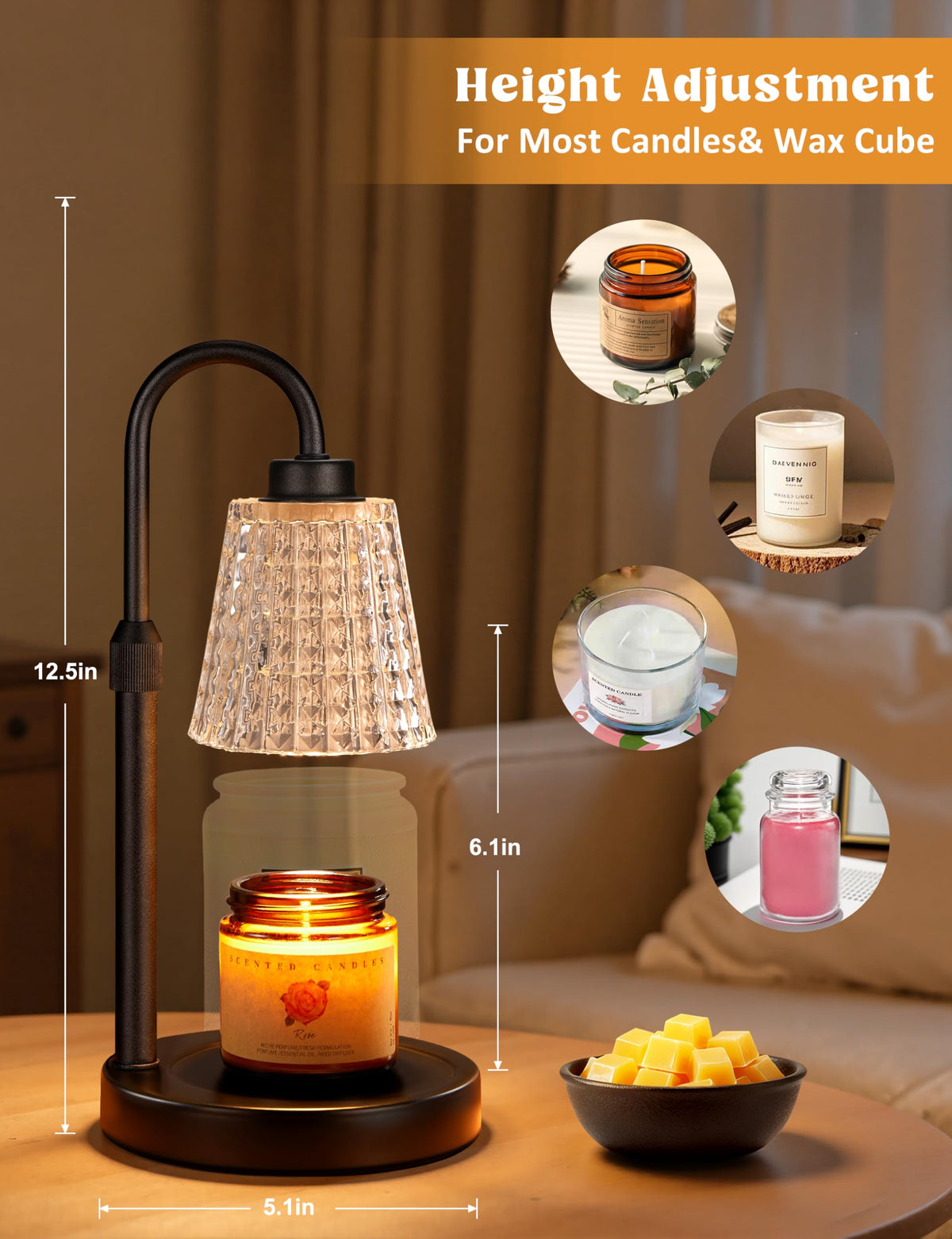 Gold Candle Warmer Lamp with Timer, Dimmable Candle Warmer for Jar Candles, Height Adjustable Wax Melts Warmer, Birthday Gifts for Women Mom, House Warming Gifts New Home Decor