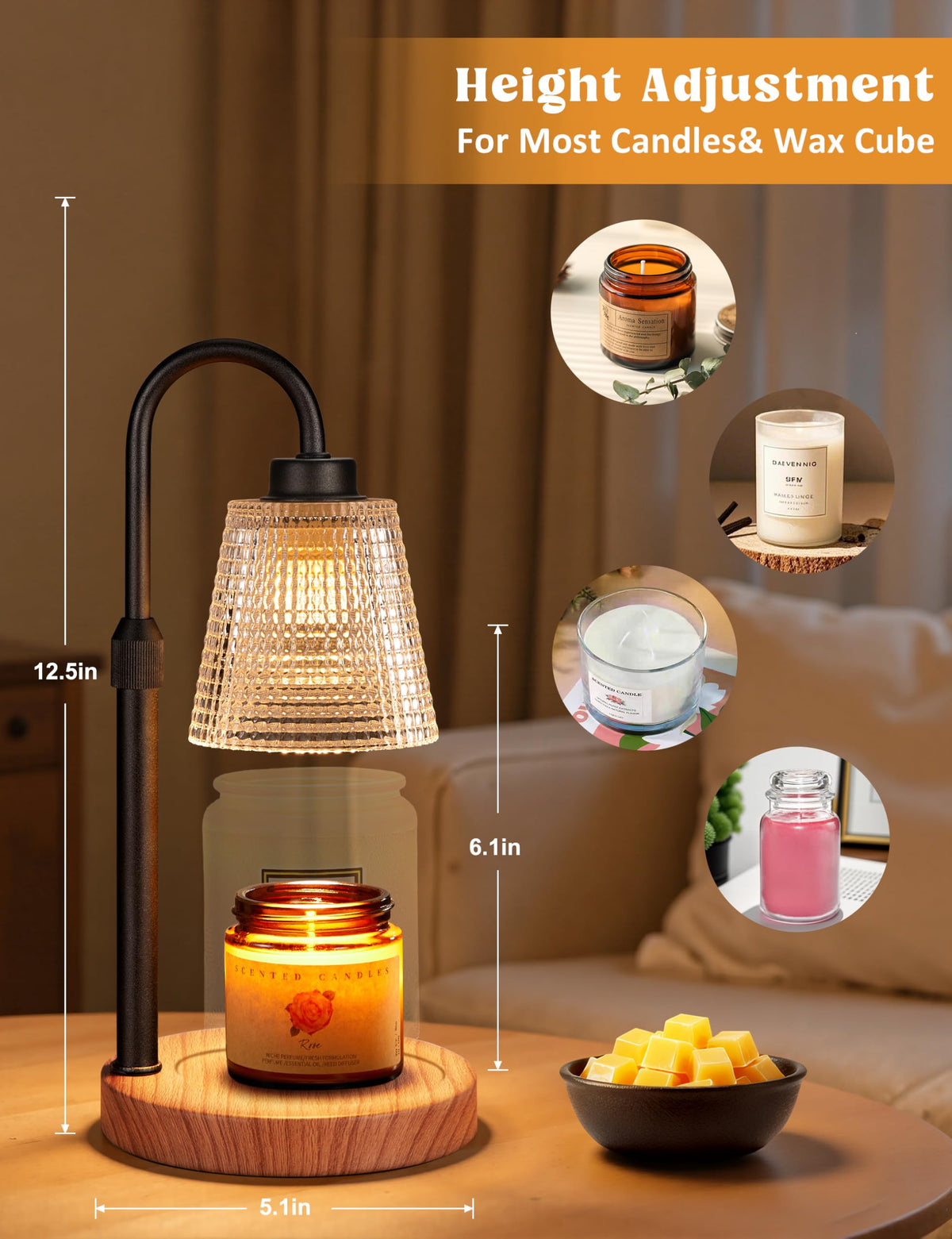 Gold Candle Warmer Lamp with Timer, Dimmable Candle Warmer for Jar Candles, Height Adjustable Wax Melts Warmer, Birthday Gifts for Women Mom, House Warming Gifts New Home Decor