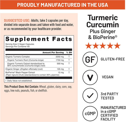 NatureWise Turmeric Curcumin 2250mg Supplement with BioPerine, 180 Capsules