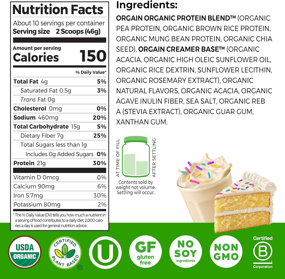 Orgain Organic Vegan 21g Protein Powder, Strawberries & Cream, 2.03 lb
