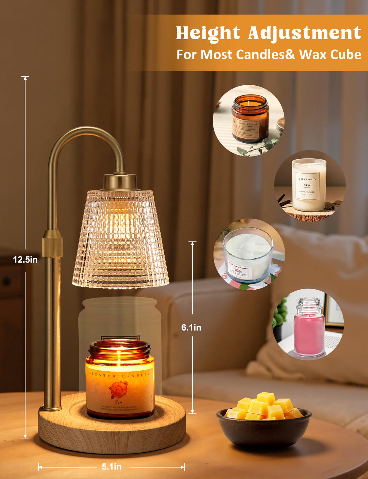 Gold Candle Warmer Lamp with Timer, Dimmable Candle Warmer for Jar Candles, Height Adjustable Wax Melts Warmer, Birthday Gifts for Women Mom, House Warming Gifts New Home Decor
