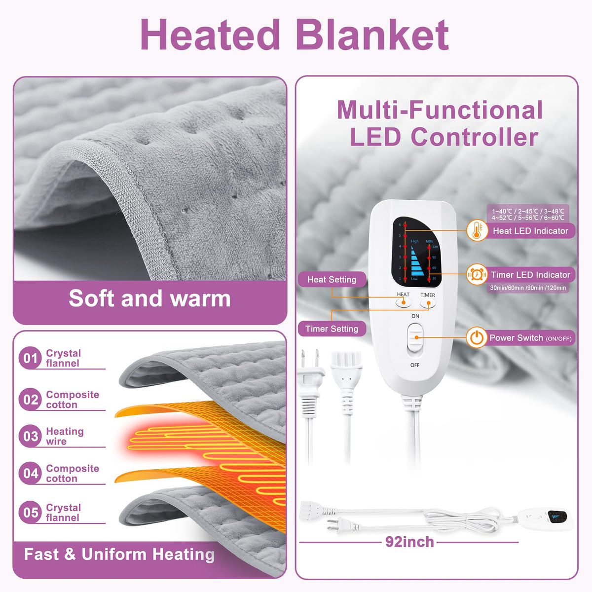 Heating Pad,Electric Heating Pad,Heating Pad for Back,Light Gray,24x12Inch