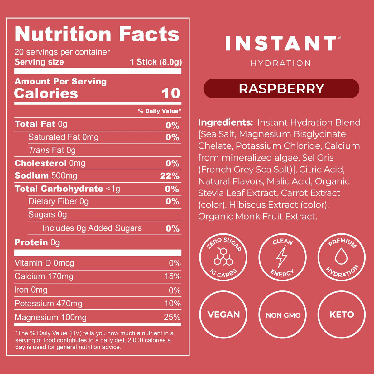 Instant Hydration Sugar Free Electrolytes Powder Packets - Strawberry Lemon Electrolyte Drink Mix & Travel Essentials - Post Workout Recovery, Brain Health, Muscle & Tissue Support - 20 Sticks