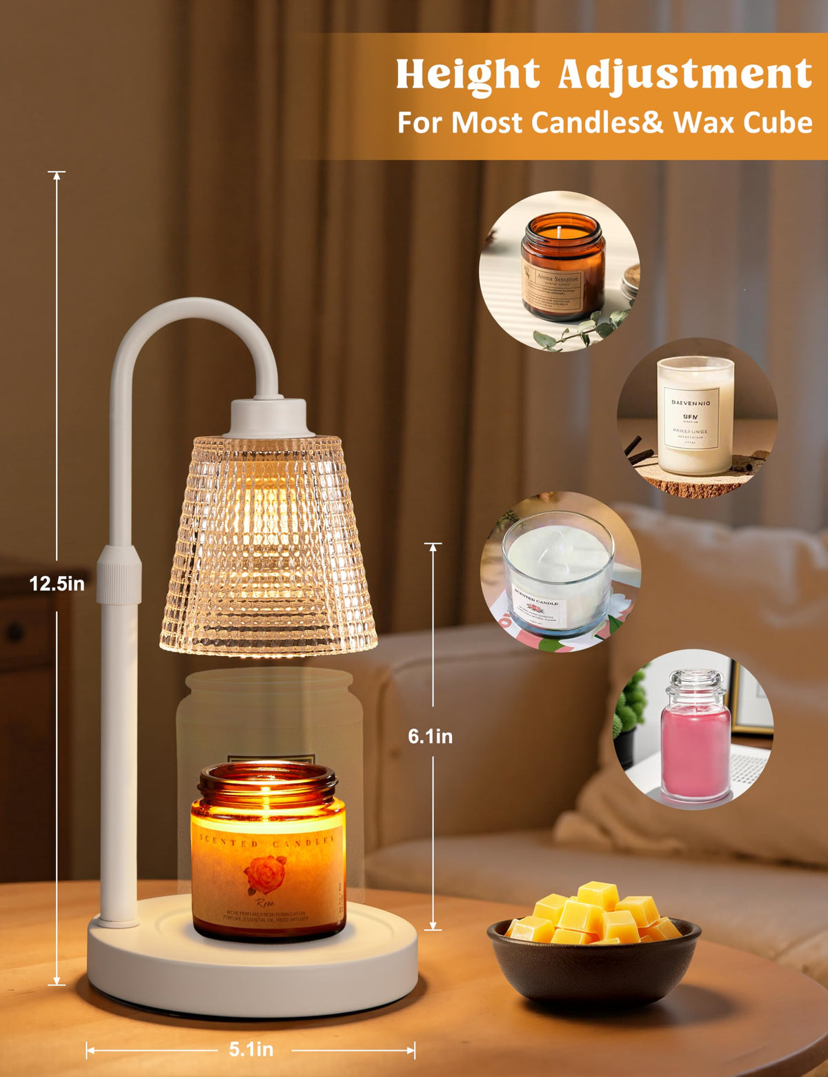 Gold Candle Warmer Lamp with Timer, Dimmable Candle Warmer for Jar Candles, Height Adjustable Wax Melts Warmer, Birthday Gifts for Women Mom, House Warming Gifts New Home Decor