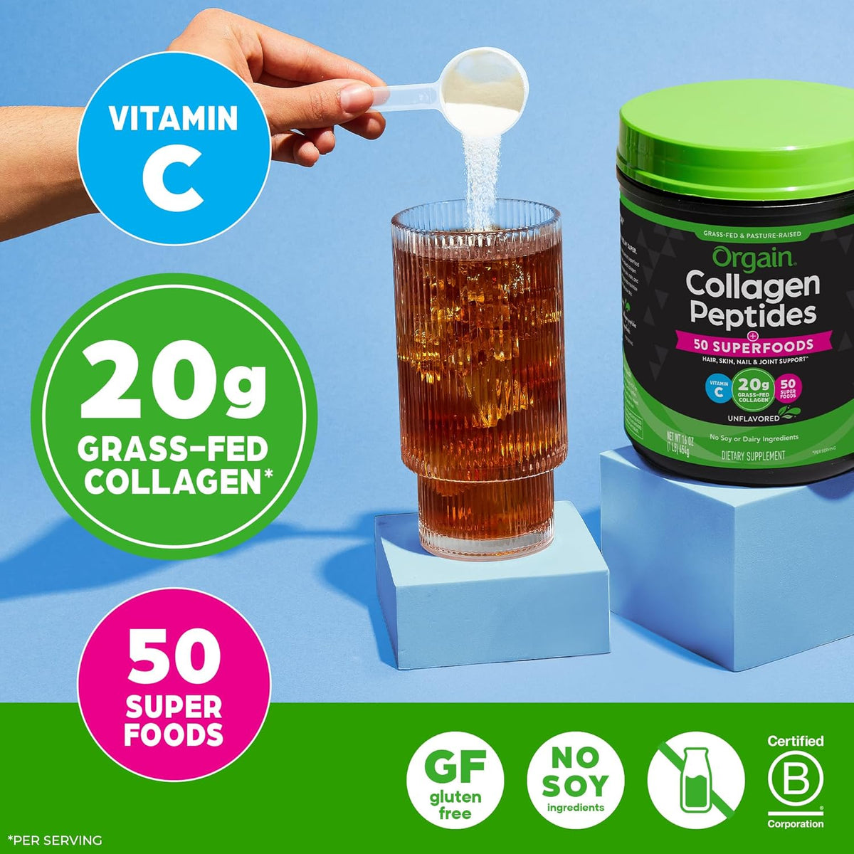 Orgain 20g Hydrolyzed Collagen Peptides + 50 Organic Superfoods Powder, 1lb