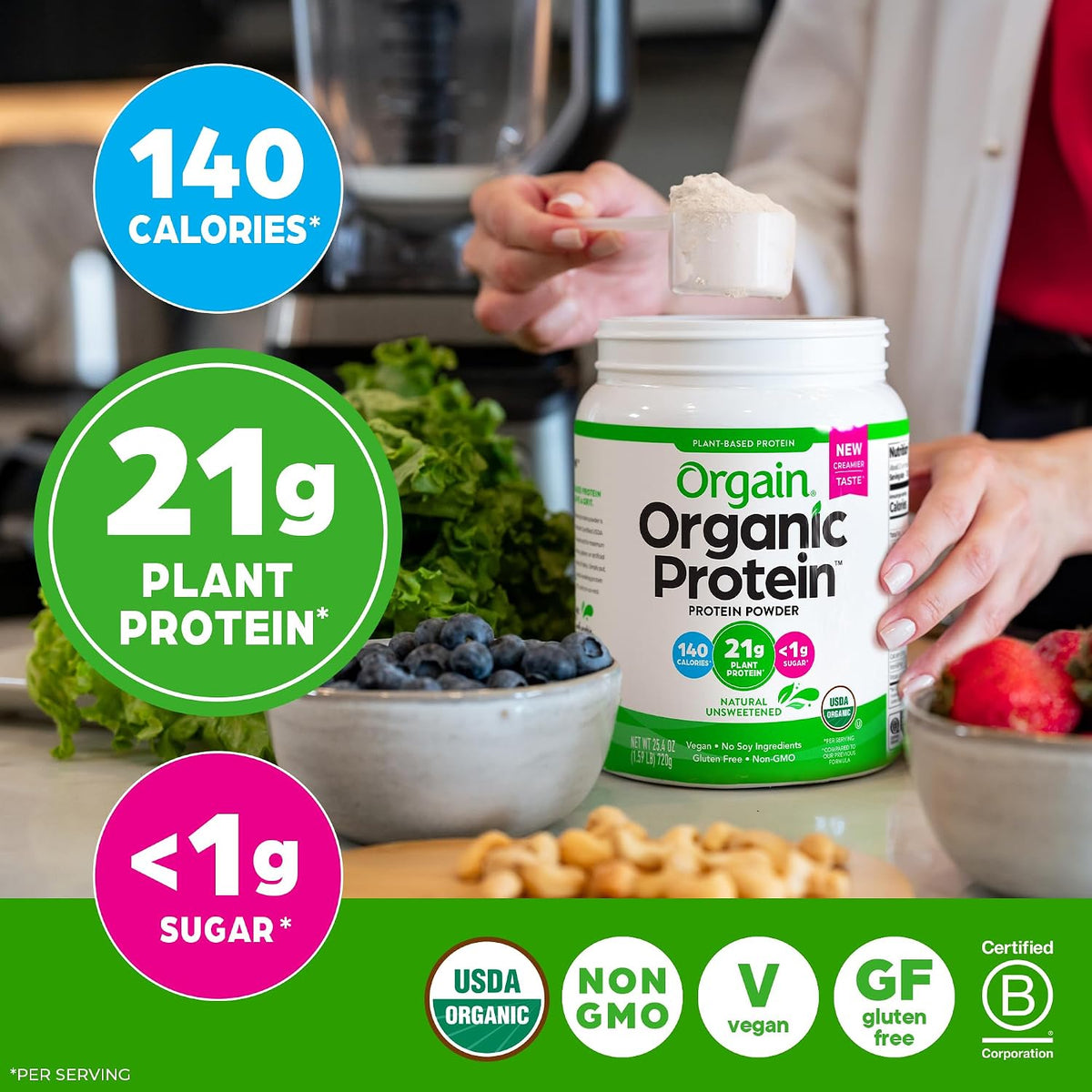 Orgain Organic Vegan 21g Protein Powder, Strawberries & Cream, 2.03 lb