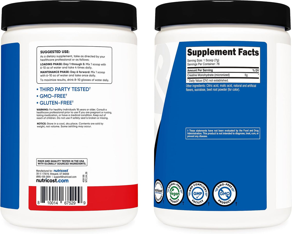 Nutricost Micronized Creatine Monohydrate Powder - 500g (100 Servings) - Pure Unflavored - 5g Per Serving - Non-GMO, Gluten Free