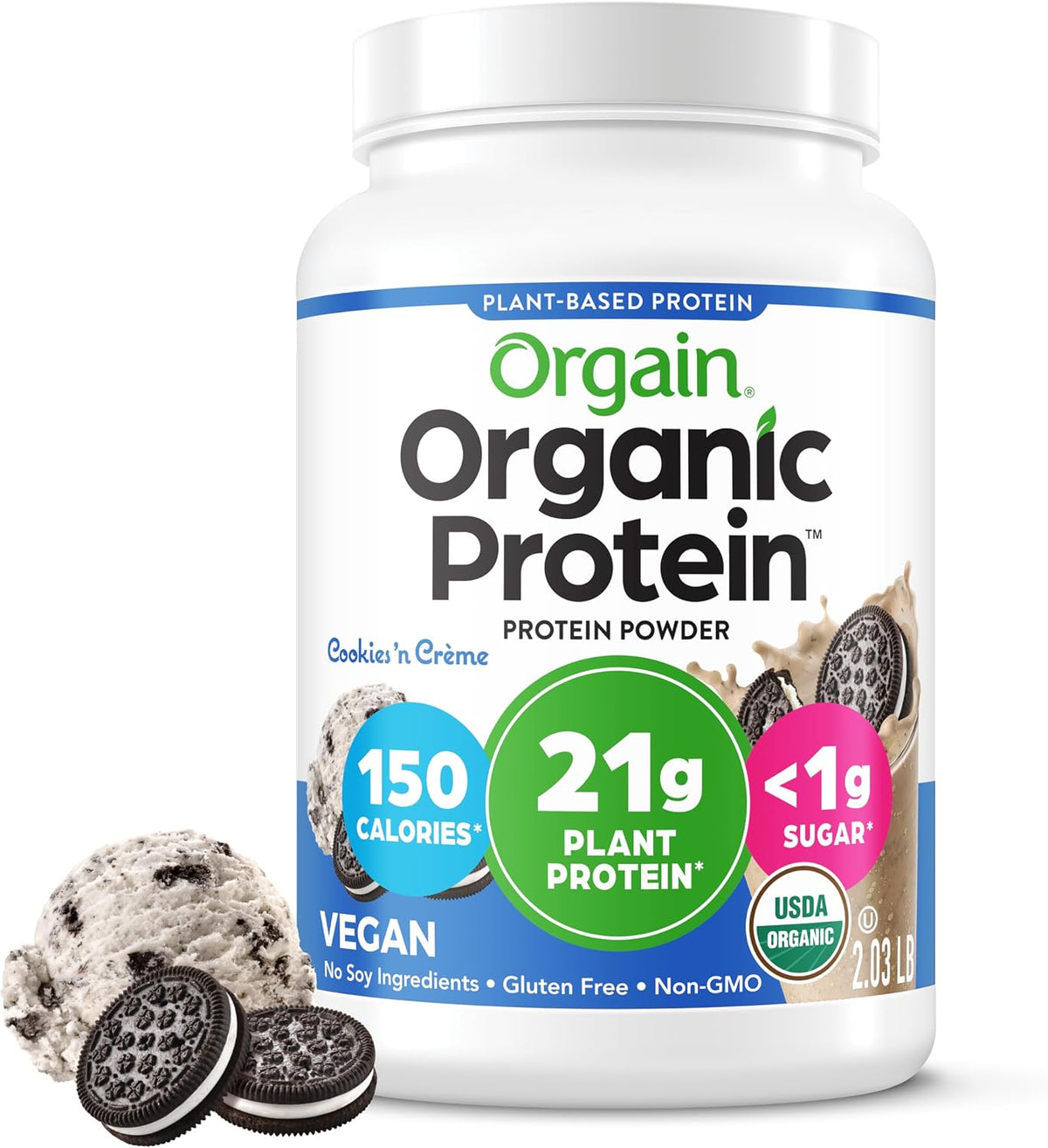 Orgain Organic Vegan 21g Protein Powder, Strawberries & Cream, 2.03 lb