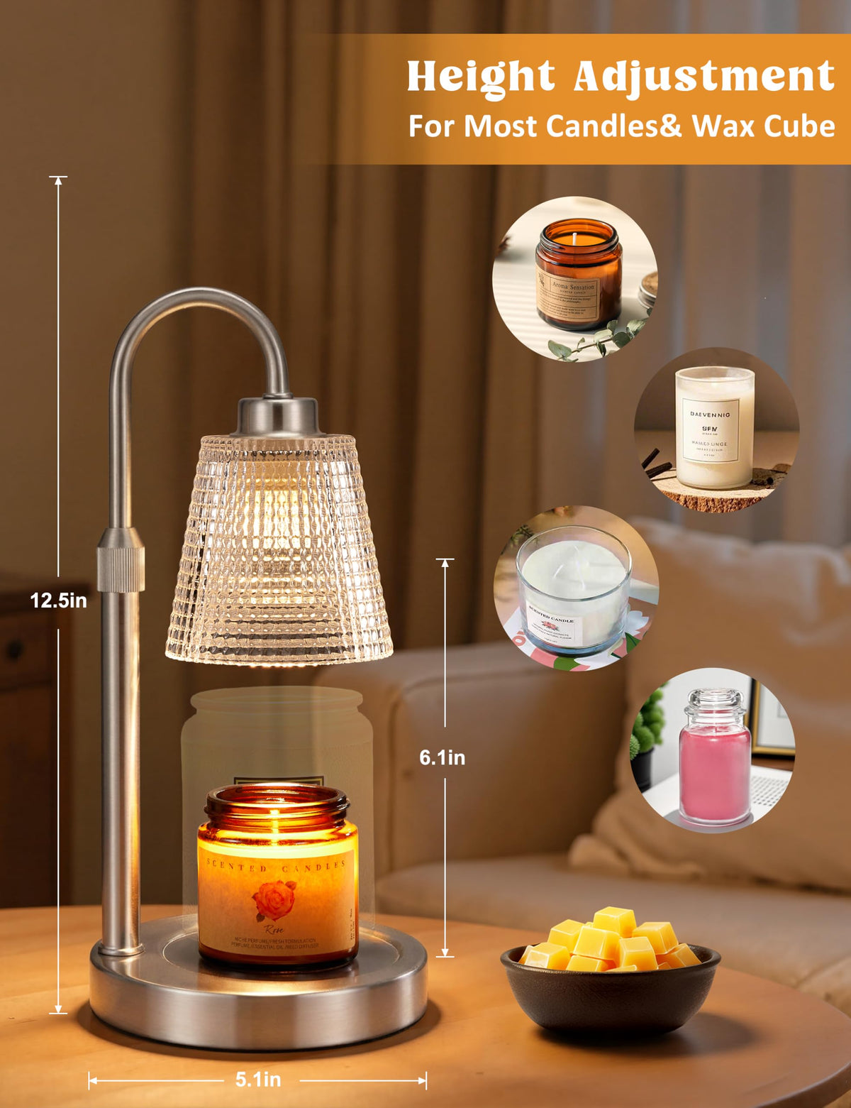 Gold Candle Warmer Lamp with Timer, Dimmable Candle Warmer for Jar Candles, Height Adjustable Wax Melts Warmer, Birthday Gifts for Women Mom, House Warming Gifts New Home Decor