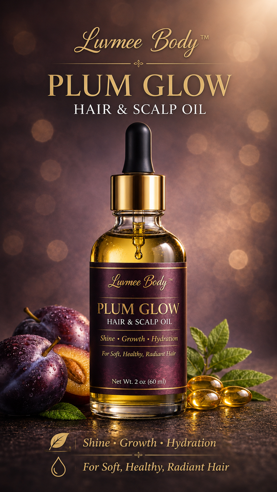 Luvmee Body Plum Glow Hair & Scalp Oil | Hydrating Hair Oil for Soft, Shiny, Healthy Looking Hair | 2 oz