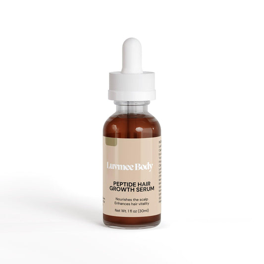 Natural peptide hair serum in a glass dropper bottle for scalp nourishment and hair vitality