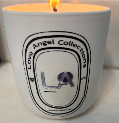 Love Angel Collections tea scented candle set with blueberry lavender tea fragrance in white ceramic holder