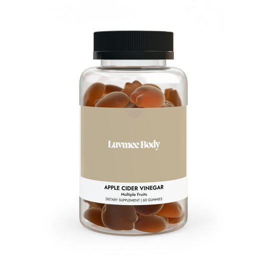 LuvMee Body apple cider vinegar gummies in a jar, a dietary supplement with multiple fruit flavors