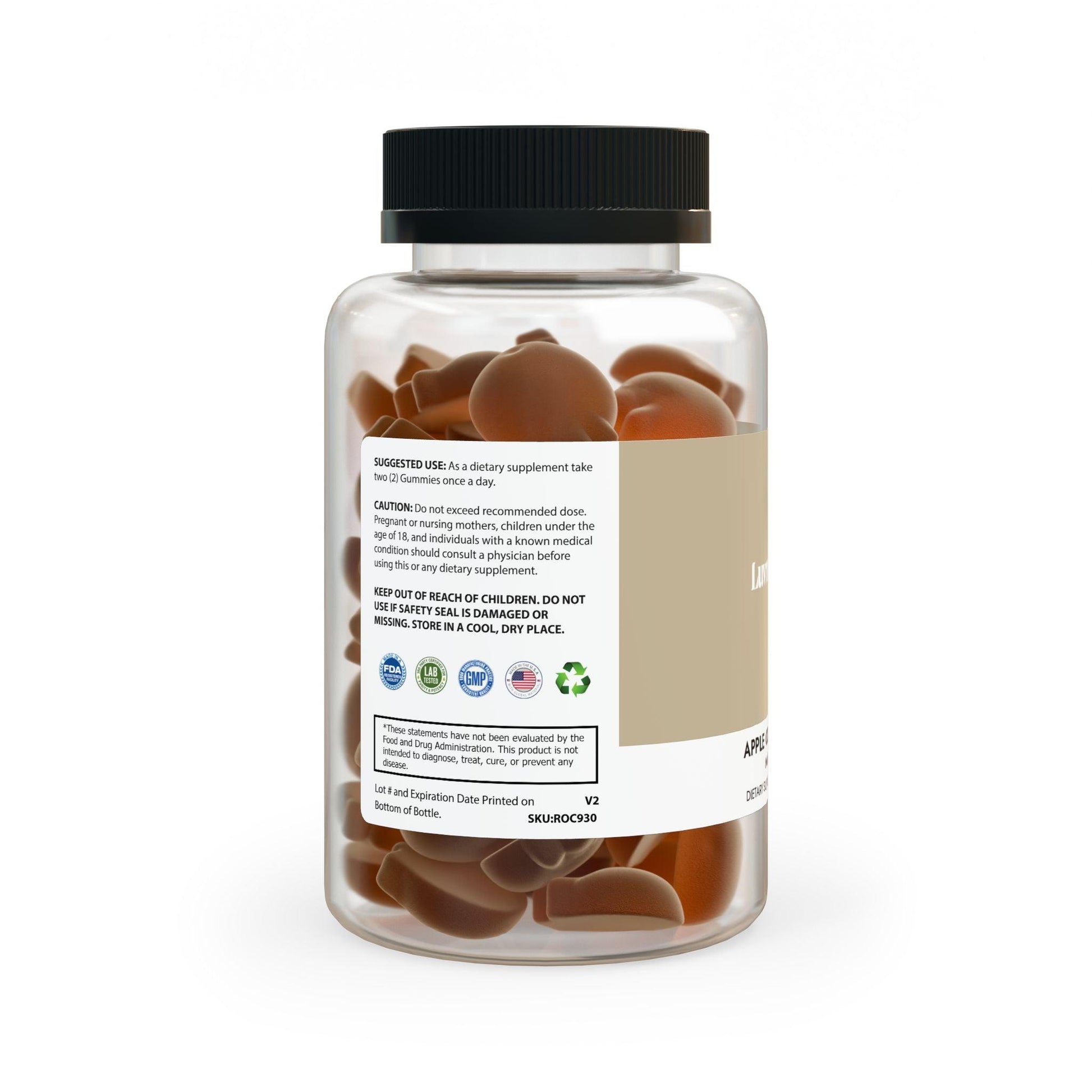 Apple cider vinegar gummies in a clear bottle with a black lid, promoting healthy digestion