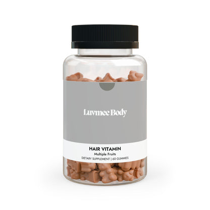 Luvmee Body Hair Vitamins with Biotin in gummy form, featuring multiple fruit flavors, 60 pieces