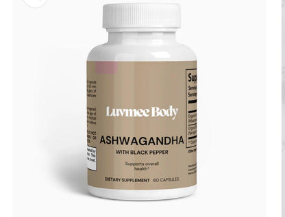 Buy Ashwagandha with black pepper dietary supplement in a bottle of 60 capsules for overall health support