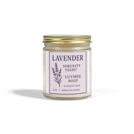 Calming lavender candle in a glass jar with a gold lid, made from coconut wax, burns for 50 hours