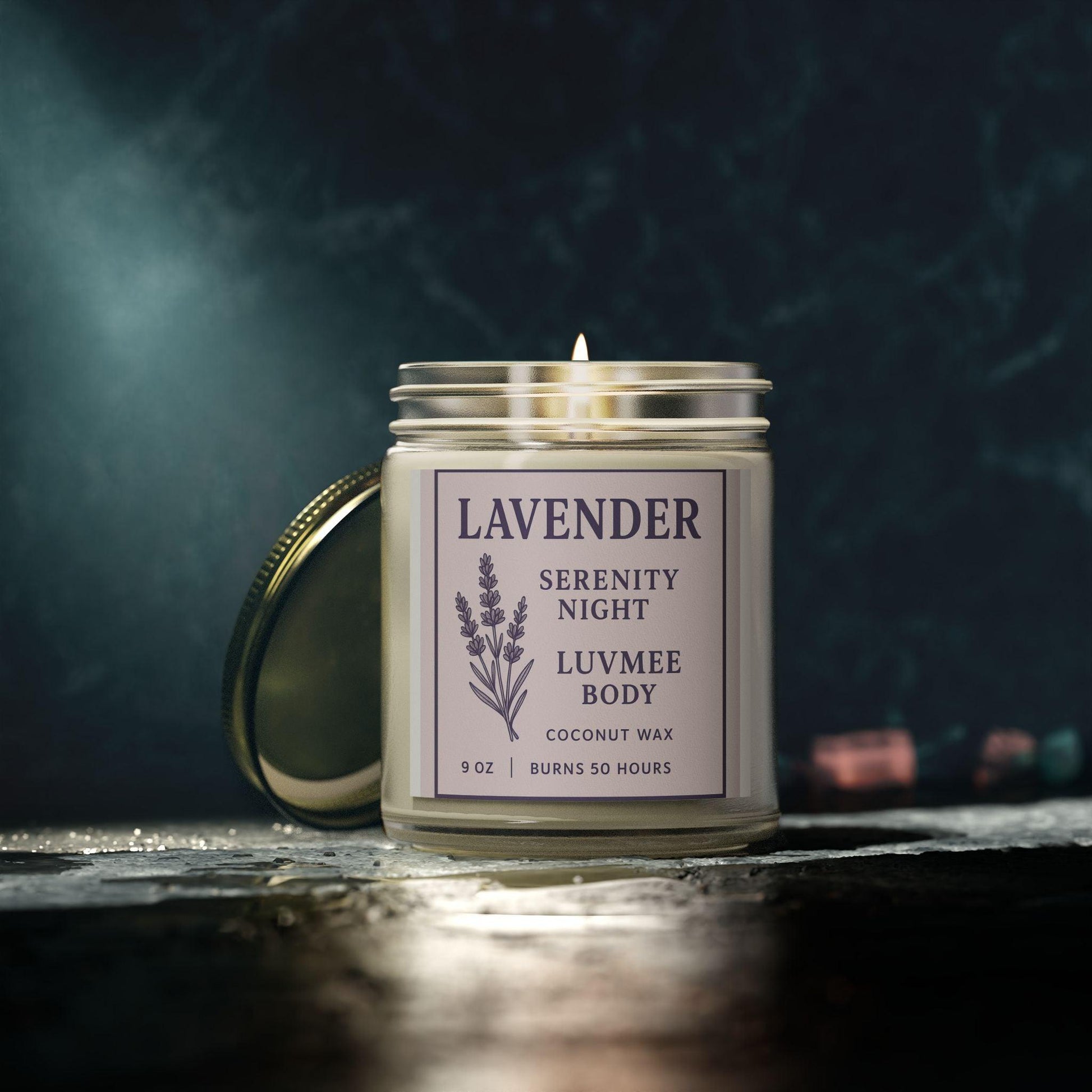 Calming lavender candle in a glass jar with a lavender label for a soothing ambiance