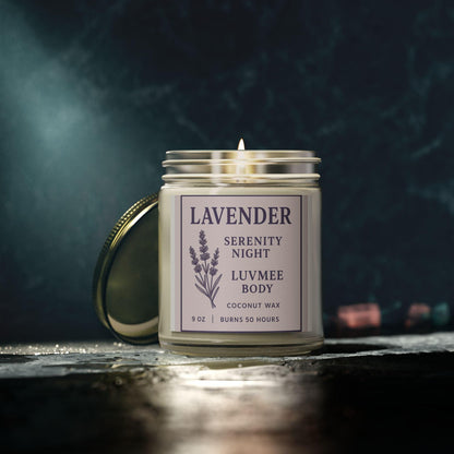 Calming lavender candle in a glass jar with a lavender label for a soothing ambiance
