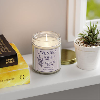 Calming lavender candle in a jar on a shelf, perfect for creating a serene atmosphere