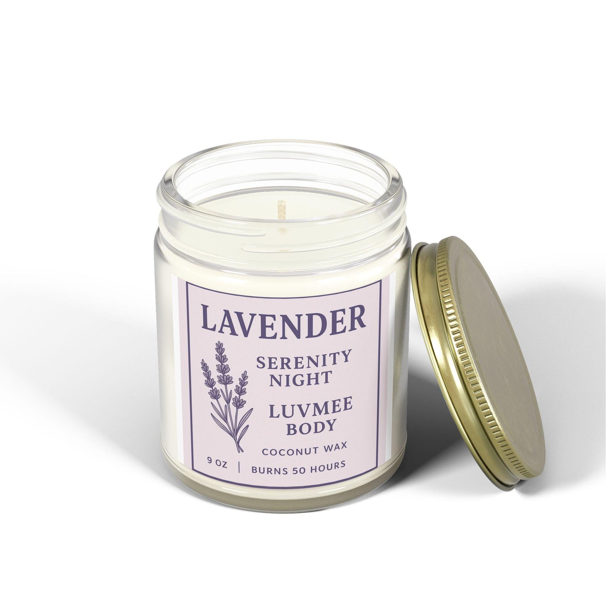 Calming lavender candle in a jar with coconut wax and a gentle lavender scent for a serene atmosphere