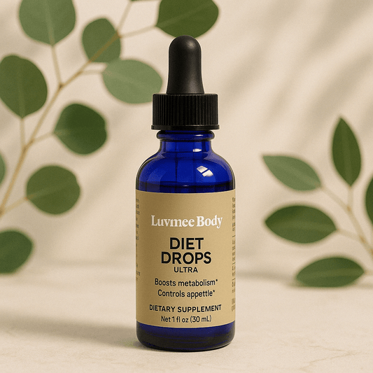 Luvmee Body Diet Drops Weight Loss in a blue glass bottle that boosts metabolism and controls appetite
