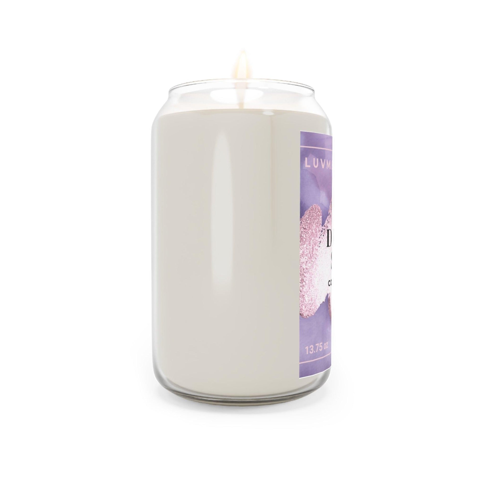 Dreamy Sleep scented candle in a clear jar with a purple label, perfect for calming ambiance